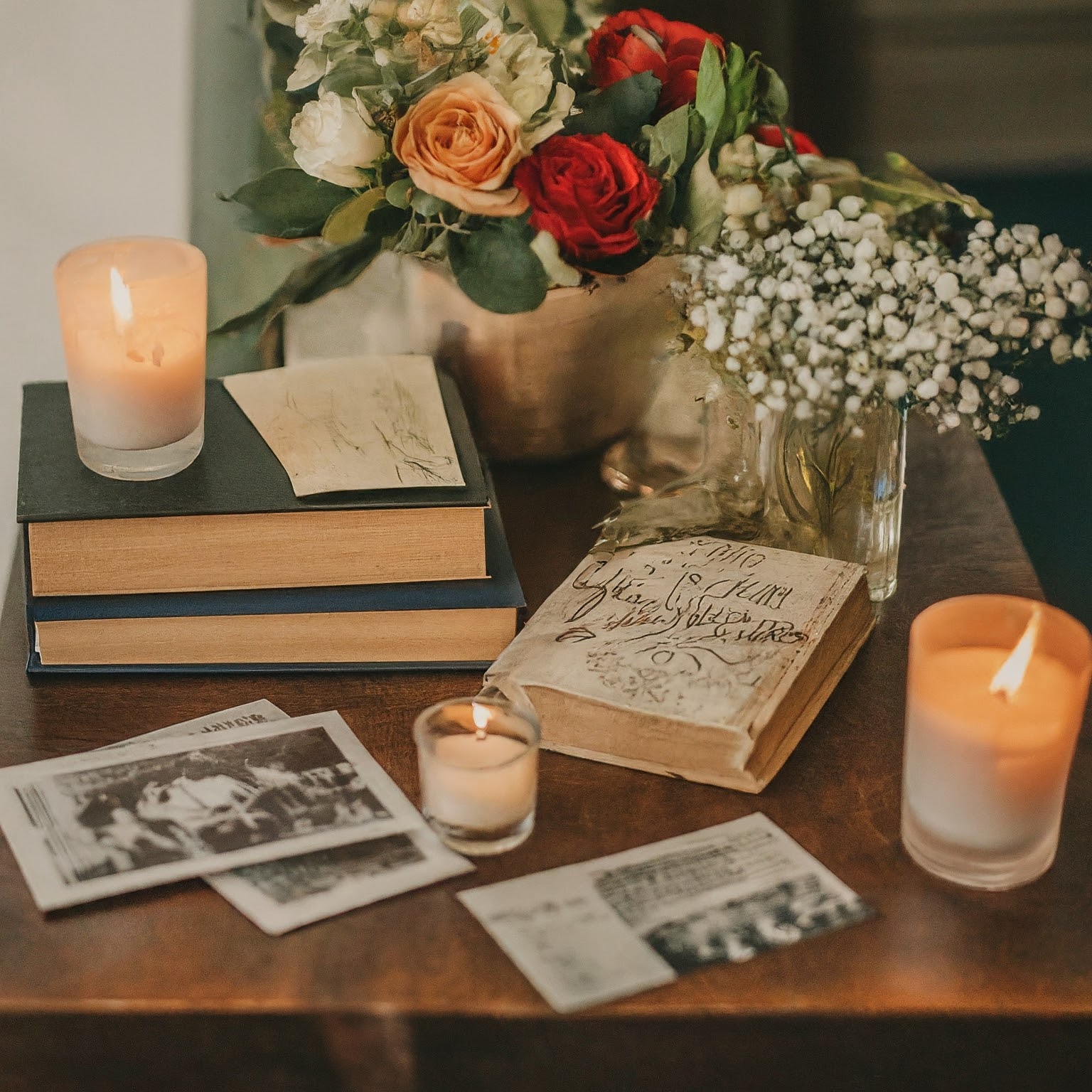 Memory table with candles, photographs, newspapers and books